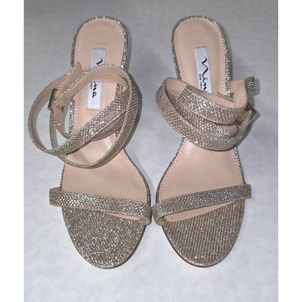 NEW Nina Sparkly Glitter Stiletto Heels Sandals Women Sz 8 Gold Strappy Evening